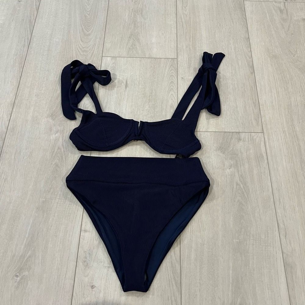High-Waist Ribbed Bikini Set - Navy